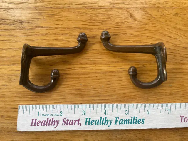 Pair Antique Acorn Style Wall Mount Coat Hooks, Nice Aged Patina, Free S/H
