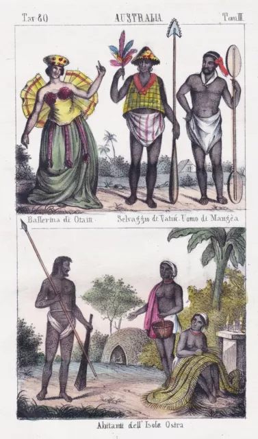 Tahiti Fidji Français Polynesia Oceania Australia Costume Lithographie 1840