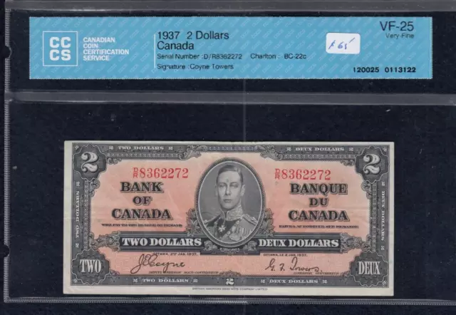 1937 Bank of Canada $2 - BC-22c - CCCS VF25 - S/N: D/R 8362272