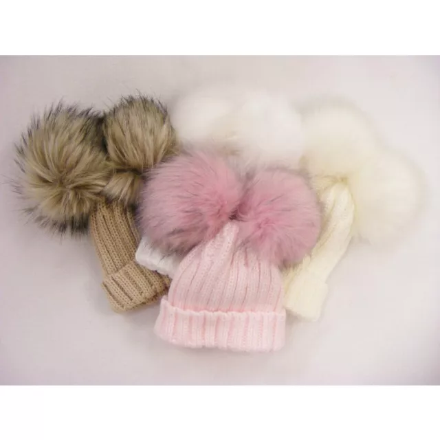 Childrens Bobble Hat Double Two Faux Fur Pom Pom Ribbed Kids Hat Girls Boys 2-4