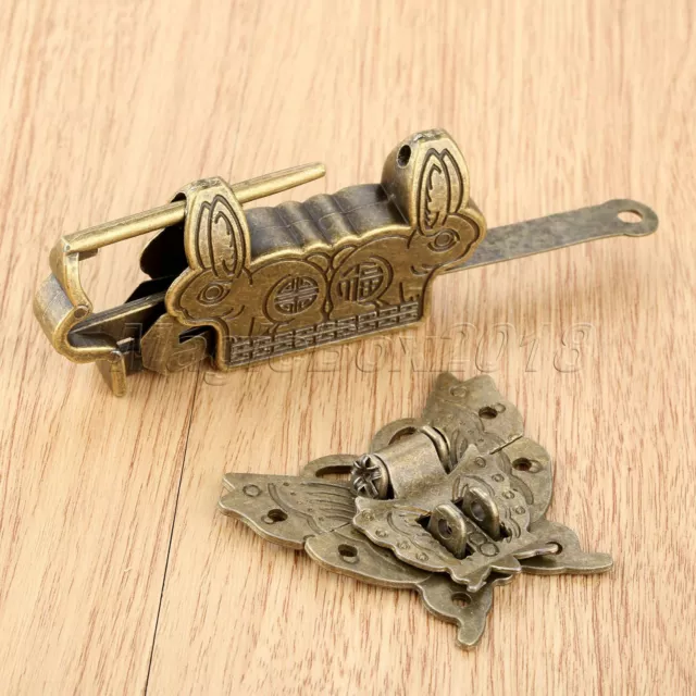 Retro Style Chinese Trunk Padlock Lock Key Toggle Butterfly Box Latch Clasp Set