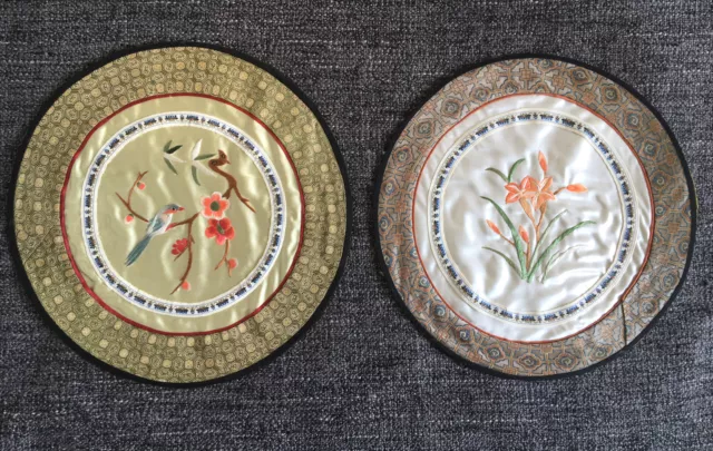 Pair of Vintage Chinese Silk Embroidered Panels Round Unframed