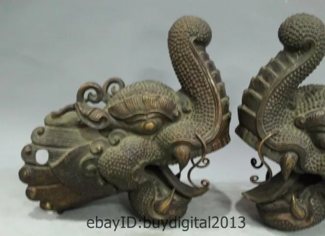 10" Chinese Tibet Buddhism Temple Bronze Lucky Dragon Head Statue Pair 3