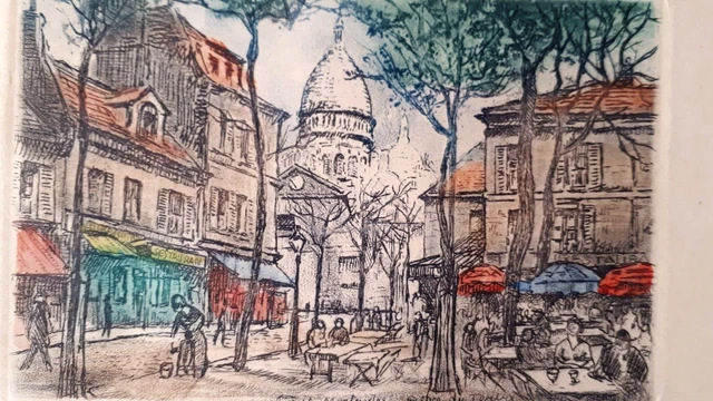Gravure Originale La Place Du Tertre Montmartre Paris Par Christiaan Lebeau (1878/1945) - Encadrée