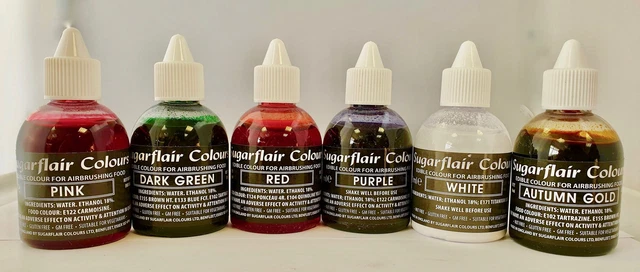6 x SET COLORI AEROGRAFO SUGARFLAIR 2 COLORANTE ALIMENTARE LIQUIDO COMMESTIBILE SCADUTO DICEMBRE 2022