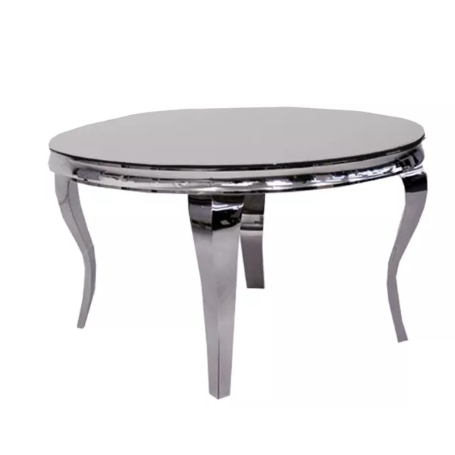 FurnitureDW Luxury Louis 130cm Round Dining Table Grey Glass Top with Chrome Leg