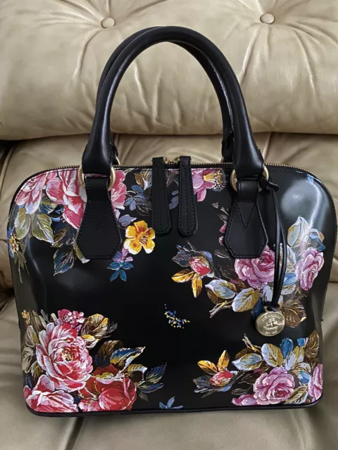 RARE Brahmin Vivian Versailles Floral Dome Satchel Smooth Leather Black Pink 2