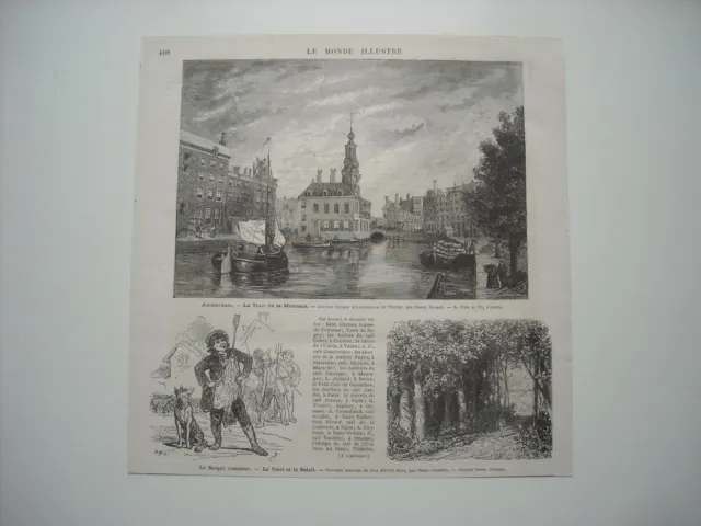 Gravure 1876. Amsterdam, Tour De La Monnaie. Le Berger Menteur. Le Vent Et Le So