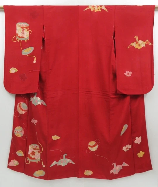 2505T05z560 Vintage Japanese Kimono Crepe Silk FURISODE Origami crane  Dark red