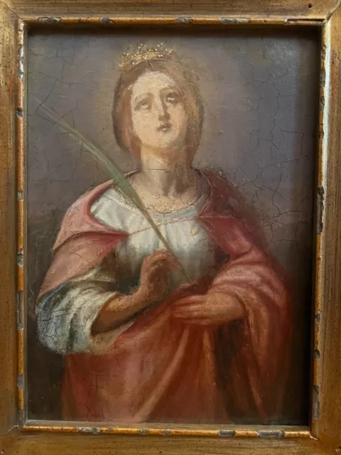 Antico Dipinto XVIII secolo Santa Caterina d'Alessandria, Olio su tavola