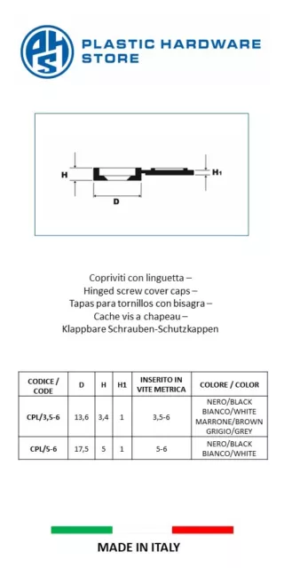 Tappi/Copriviti di plastica con linguetta/cerniera ripiegabile - PHS 2