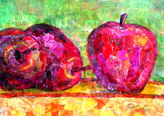 JANET LEO  sfa   ORIGINAL MIXED MEDIA  5 x 7  collage  AN APPLE A DAY still life
