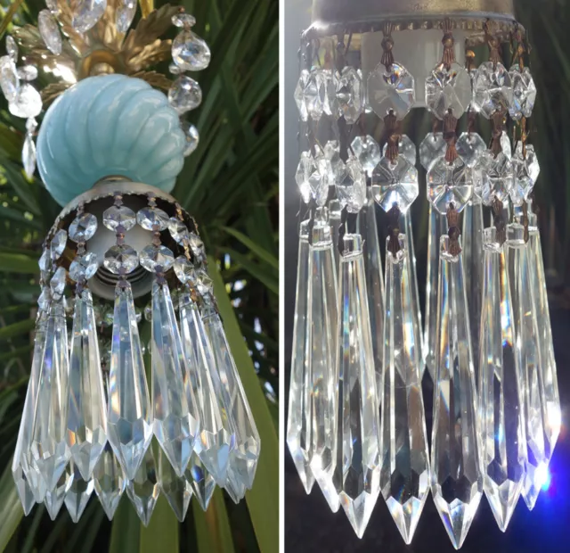 SWAG lamp chandelier crystal prism Vintage Swirl Blue Turquoise tole Brass