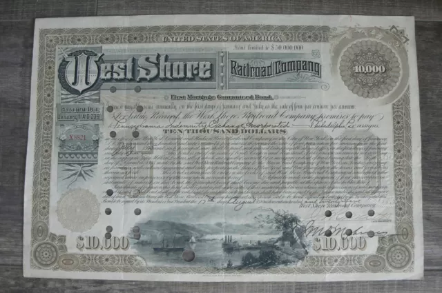 $10,000 West Shore Railroad Company Stock / Bond Certificates