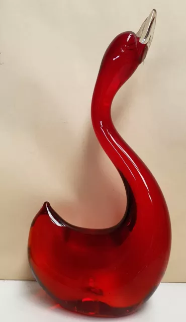 Vintage Ornamental Red & Clear Glass Swan Handblown 20cm Tall 10cm Long 5cm Wide