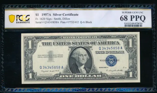AC 1957A $1 Silver Certificate PCGS 68 PPQ Q-A block Fr 1620 .. Superb Gem!