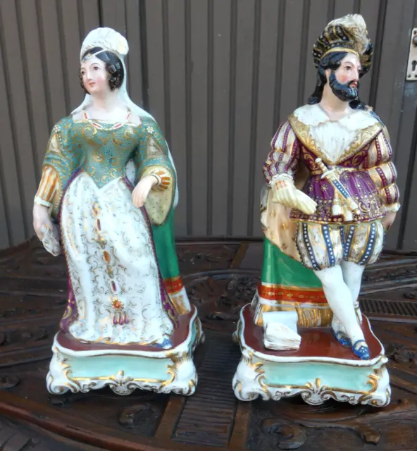 PAIR Antique french vieux paris porcelain pique fleur statue lady man figurine