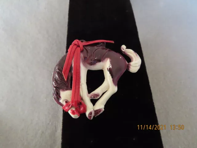 Vintage Celluloid Bucking Horse W/Red Leather Halter Pin/Brooch