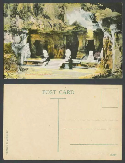 India Old Colour Postcard Elephanta Caves Bombay Lion Statue Steps Cave Entrance
