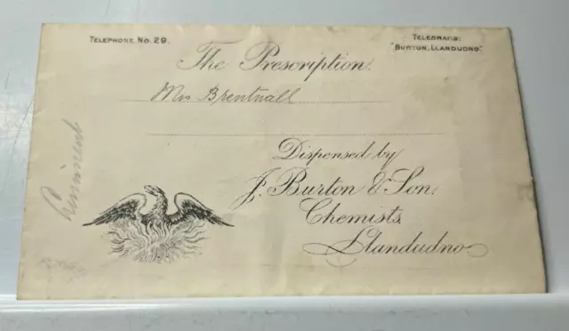 Antique Pharmacy Prescription Envelope Burton & Son Llandudno To Mr Brentnall