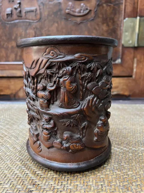 19th Century Antique Chinese Bamboo Hand-carved Brush Pot 清代竹雕笔筒 17 CM