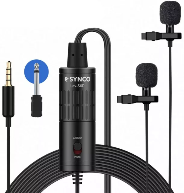 SYNCO Lav-S6D Dual Lavalier Microphone 6m Cable For Camera Smartphone PC Video