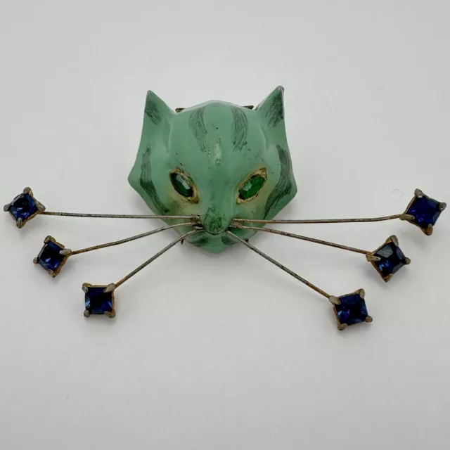 Rare Vintage Henry Rosenblatt Coro Enamel Rhinestone Cat Face Fur Clip Brooch