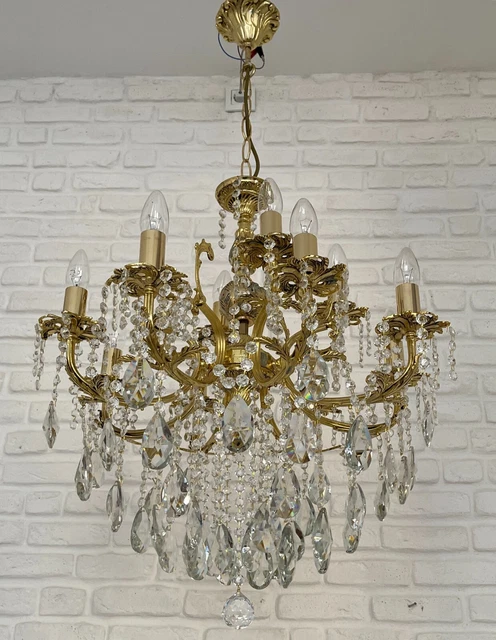 Antik Vintage 8 + 4 Arme Gussmessing & Kristalle Kronleuchter Deckenlampe