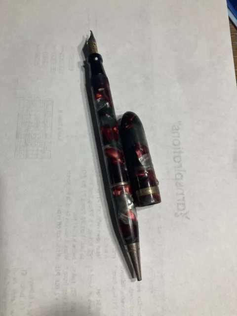 1940’s Remington Fountain Pen and Pencil Combo Red and Grey Marble