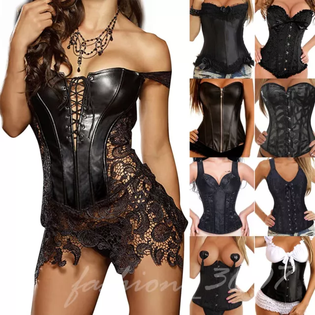 Women BLACK PUNK Lace Up Corset Bustier Top Overbust Boned Waist Trainer Shaper