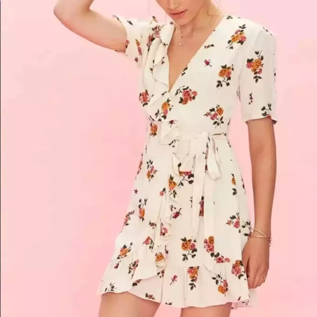 $229 Privacy Please June Floral Wrap Mini Dress Short Sleeve Ruffle V-neck S