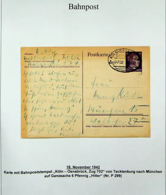 Deutschland 1942 WWII Bahnpost 6pf Führer Postal Karte Von Tecklenburg Sich