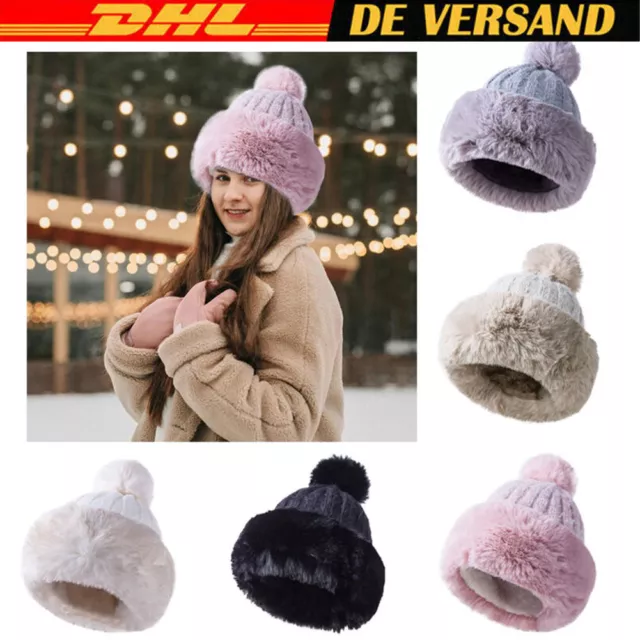 Damen Wintermütze gefüttert Strickmütze Warm Fellbommel Mütze Beanie Fleece