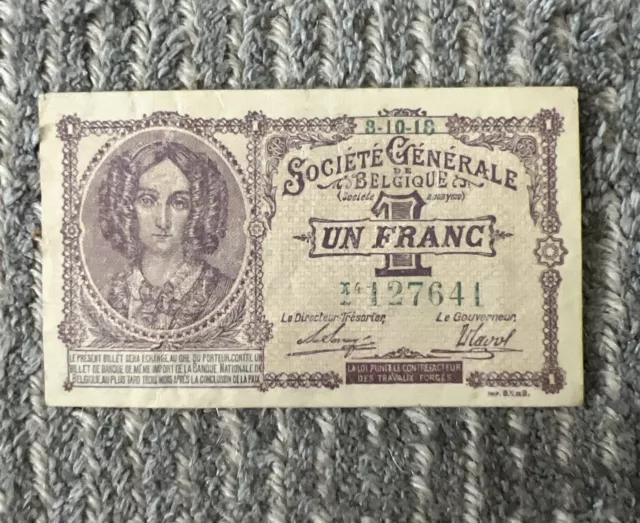 Belgium 1 Franc Bank Note 1918 Societe Generale Belgigue Un Franc - Au Crisp