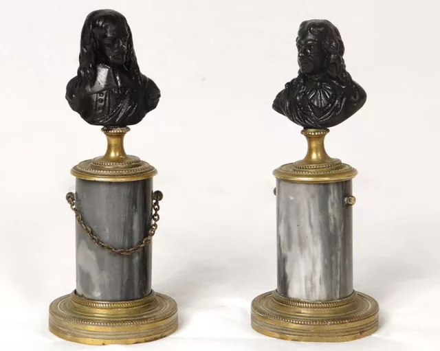 Paire bustes philosophes écrivains Molière Descartes bronze marbre XIXème