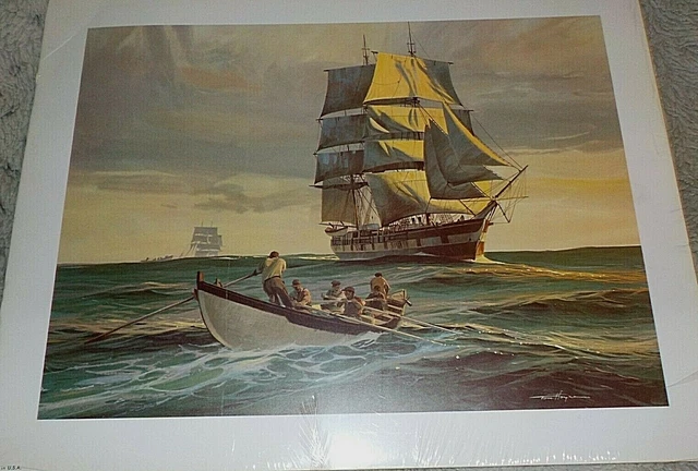 Old time sailing ship w/whalers in row boat Tom Hoyne nautical art print 9" x 12