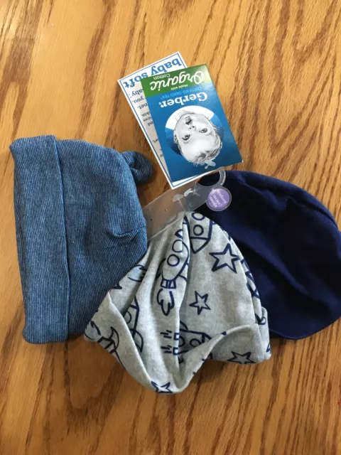 Gerber Baby Boy 3-Pack Organic Cotton Navy Rocket Ship Caps Size Newborn