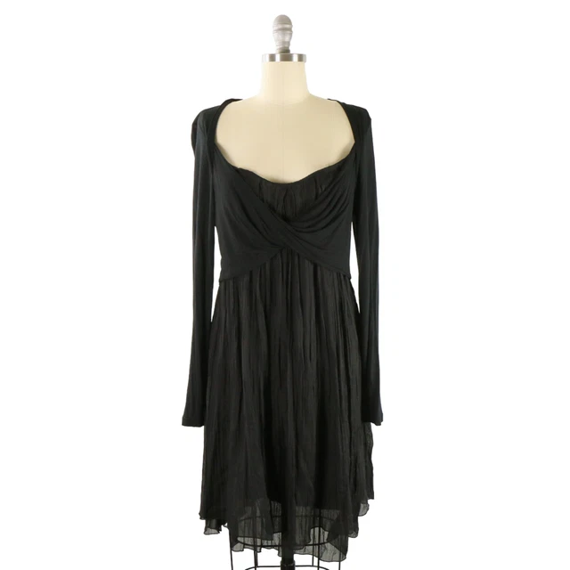 Luna Luz Black Long Sleeve Crinkle Silk Tiered Twist Front Dress L
