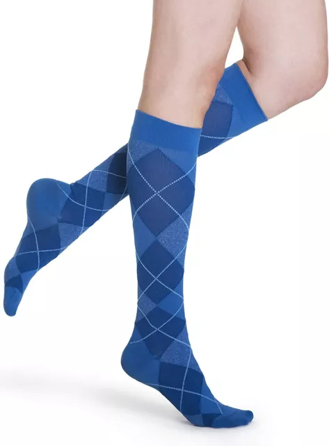 Sigvaris Microfiber Shades Calf High Socks CT 20-30mmHg Royal Blue Argyle Small