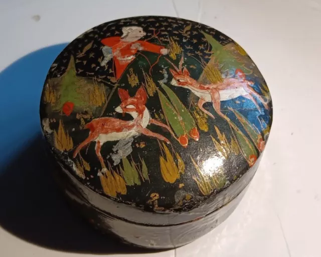 Vintage Antique Russian Black Lacquer Hand Painted Fairytale Jewelry Box 3” Wide