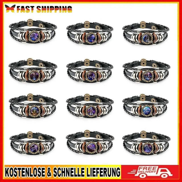 Zodiac Bangle Braided Bracelet Taurus Cancer Virgo Men Punk Glass Dome Jewelry