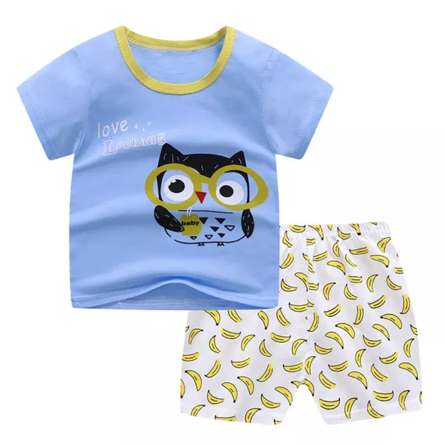 Toddler Kids Baby Boys Girls Short Sleeve Cartoon Tops Shirt+Pants Outfits Set 2