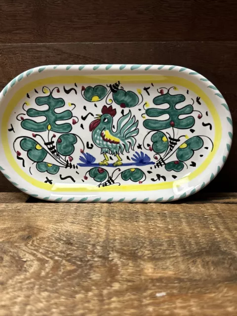 Sambuco Deruta Italy Pottery Rooster Oval Plate 8” Hand Painted Yellow Turquoise