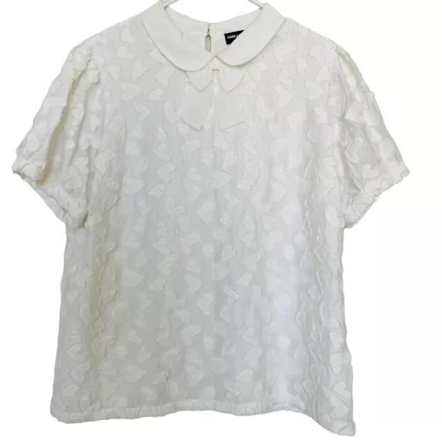 Karl Lagerfeld Paris Top Womens 14 White Hearts Collar Bow Short Sleeves Lined