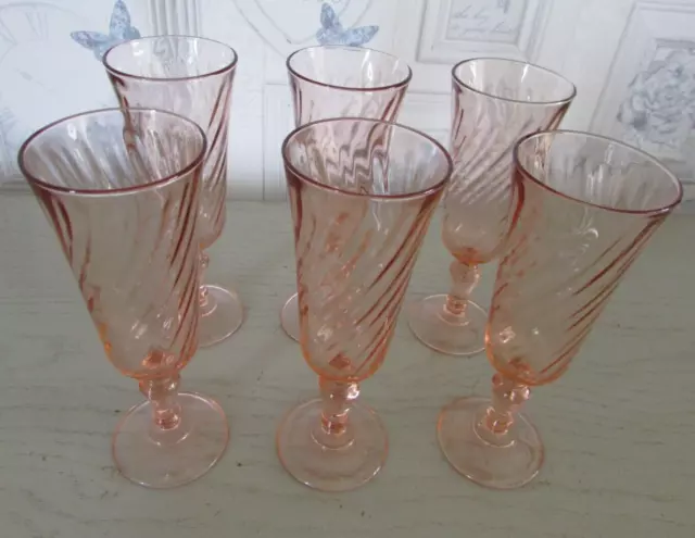 Ensemble 6 verres à pied Flûtes champagne Rosaline Pink Arcoroc France torsadés