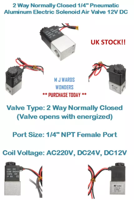 2 Way Normally Closed 1/4" Pneumatic Aluminum Electric Solenoid Air Valve 12 VDC