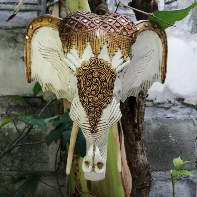 8" Thai Wood Elephant Head Decor Collectible White Hand Carved  Wall Art Home