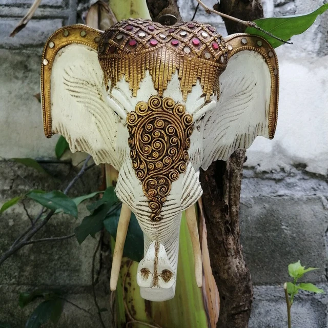 8" Thai Wood Elephant Head Decor Collectible White Hand Carved  Wall Art Home