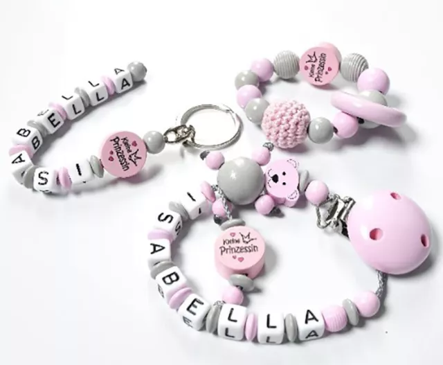 Schnullerkette mit Namen  Mädchen Prinzessin 3 tlg. SET  Baby♥Geburt♥Geschenk