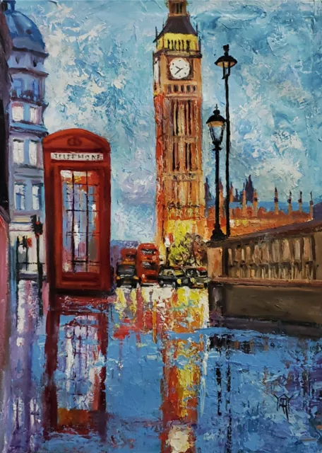 YARY DLUHOS London England City Rain Big Ben Cityscape Original Art Oil Painting